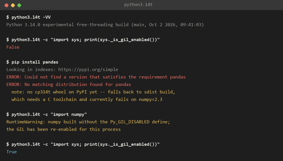 Terminal showing python3.14t re-enabling the GIL after importing numpy built without free-threaded support